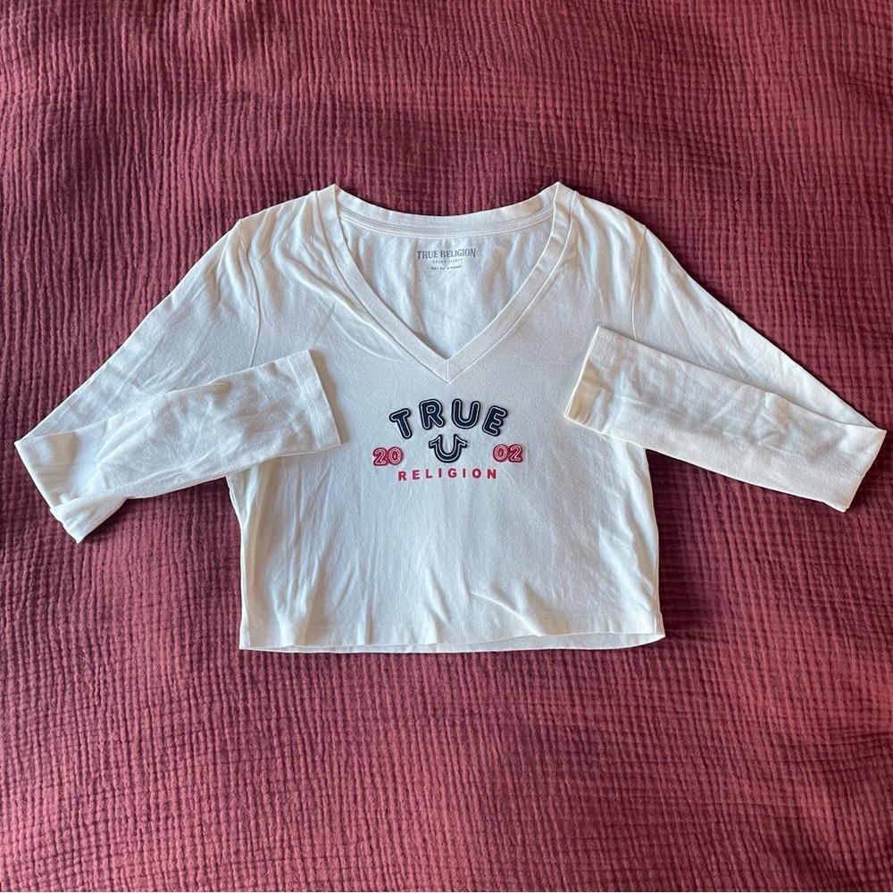 True Religion 2002 appliqué long sleeve crop top t shirt